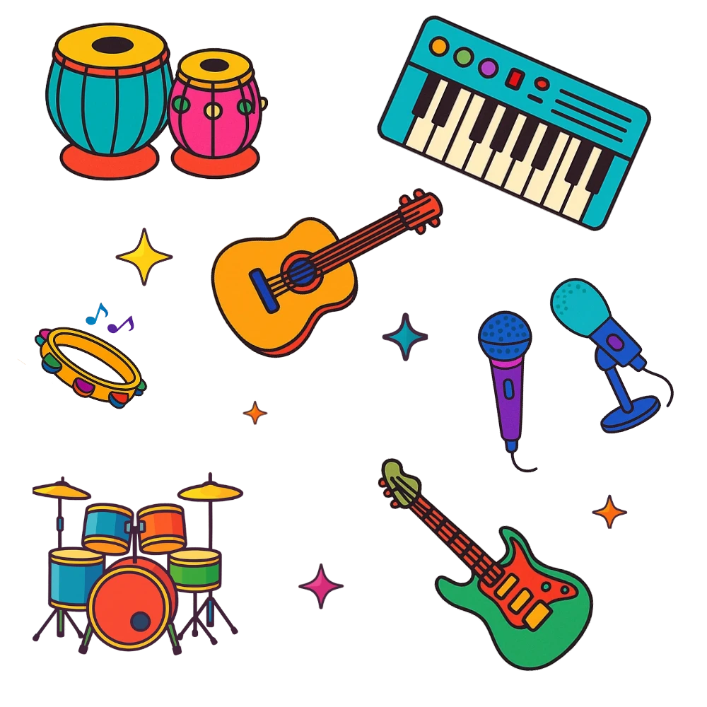 Colorful musical instruments including drums, guitar, keyboard, microphone, and drum kit